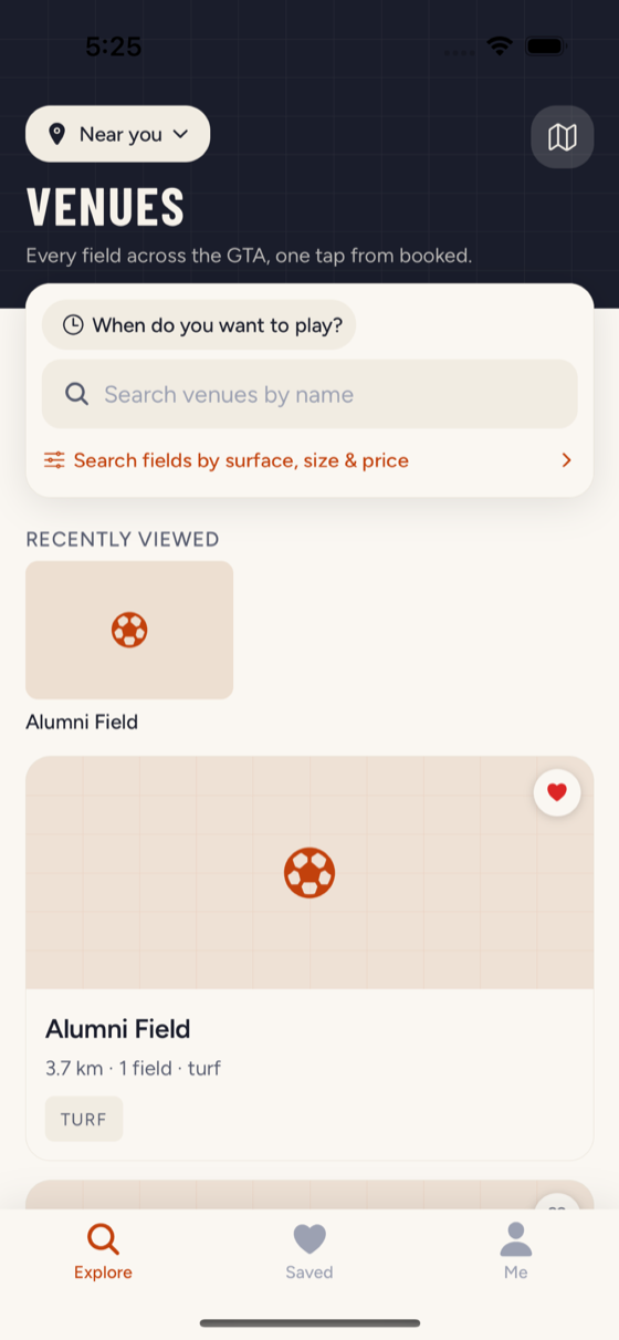 Onside app showing soccer venues across the GTA